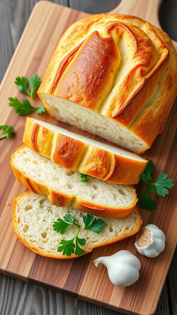 Golden brown garlic herb quick bread on a cutting board with fresh parsley and garlic cloves.